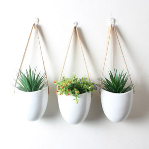 Set of 3 Ceramic Hanging Planters for Succulent Air Plants Flower Pots With Leather Strap Wall Flowerpots Home Garden Decoration