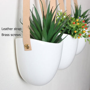 Set of 3 Ceramic Hanging Planters for Succulent Air Plants Flower Pots With Leather Strap Wall Flowerpots Home Garden Decoration